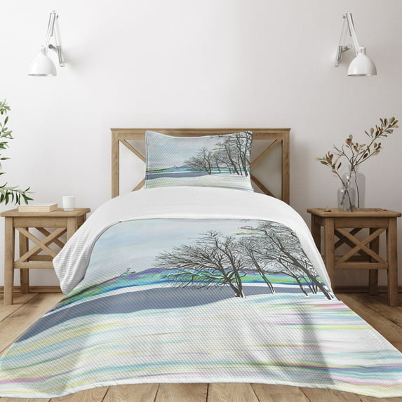 Ambesonne Rustic Quilted Bedspread Set 2 Pcs, Rural Winter Forest Art, Twin Size, Multicolor