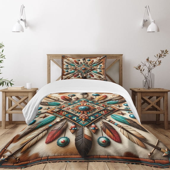 Ambesonne Rustic Quilted Bedspread Set 2 Pcs, Southwestern Square Feathers, Twin Size, Turquoise Cocoa and Redbrown