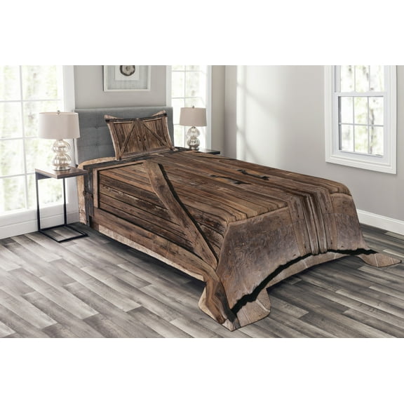 Ambesonne Rustic Quilted Bedspread Set 2 Pcs, Wooden Barn Door Image, Twin Size, Brown