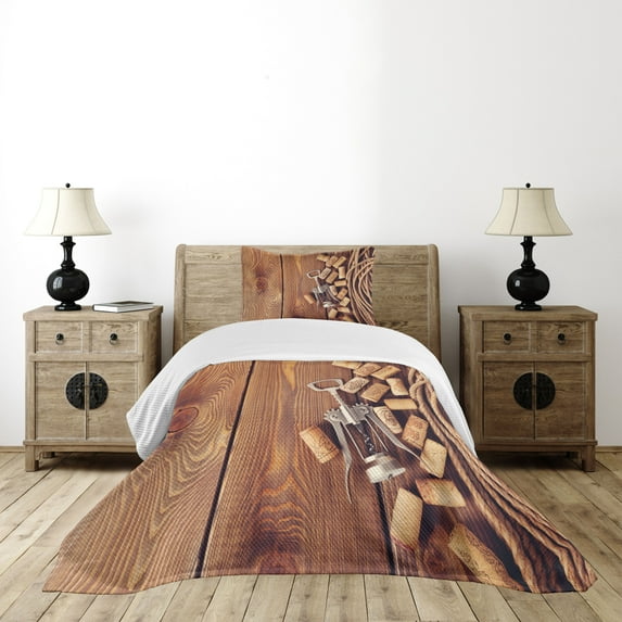 Ambesonne Rustic Quilted Bedspread Set 2 Pcs, Wooden Table Wine Corks, Twin Size, Brown