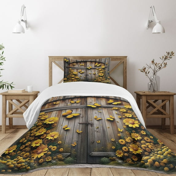 Ambesonne Rustic Quilted Bedspread Set 2 Pcs, Yellow Farmhouse Romance, Twin Size, Mustard Taupe Caramel