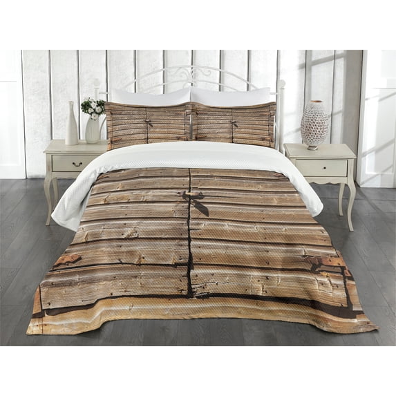 Ambesonne Rustic Quilted Bedspread Set 3 Pcs, Abandoned Vintage Farm, Queen Size, Brown