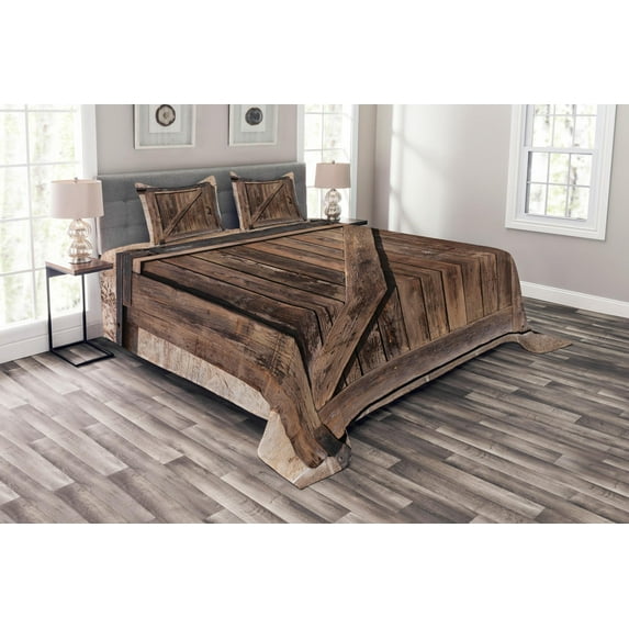 Ambesonne Rustic Quilted Bedspread Set 3 Pcs, Aged Door Vintage Rural, King Size, Brown