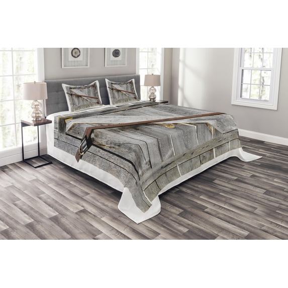 Ambesonne Rustic Quilted Bedspread Set 3 Pcs, Aged Wooden Barn Door, King Size, Brown