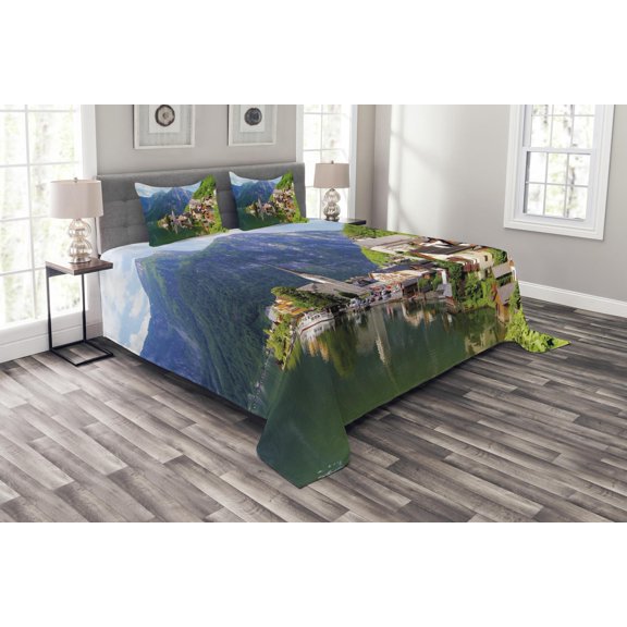 Ambesonne Rustic Quilted Bedspread Set 3 Pcs, Alps Village Small Town, Queen Size, Multicolor