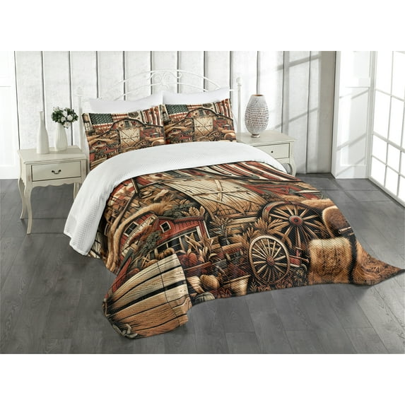 Ambesonne Rustic Quilted Bedspread Set 3 Pcs, American Barn Western Farm, King Size, Paprika Caramel and Dark Teal
