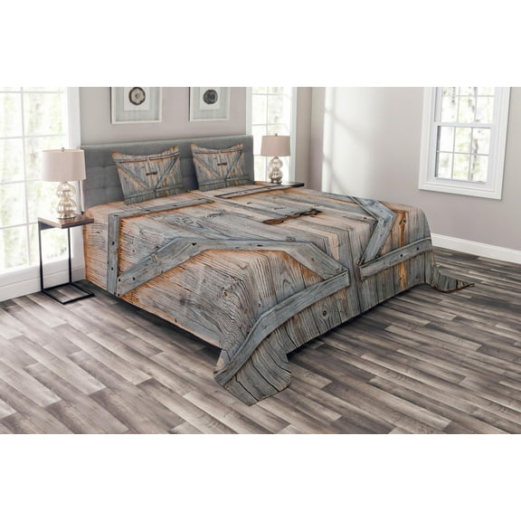 Ambesonne Rustic Quilted Bedspread Set 3 Pcs, American Country Style, Queen Size, Pale Brown and Grey