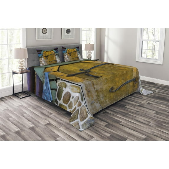 Ambesonne Rustic Quilted Bedspread Set 3 Pcs, Antique Door Stone House, Queen Size, Multicolor