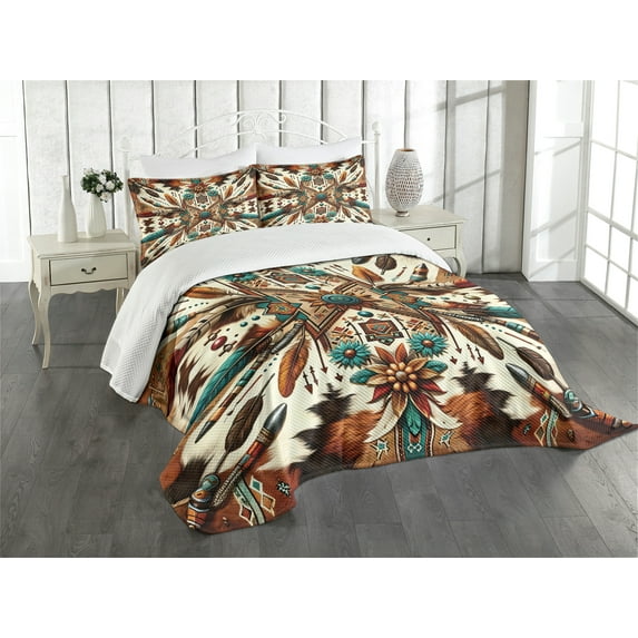 Ambesonne Rustic Quilted Bedspread Set 3 Pcs, Aztec Inspired Feathers Art, Queen Size, Cinnamon Redbrown and Teal