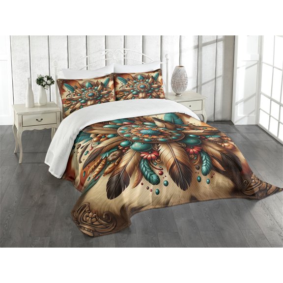 Ambesonne Rustic Quilted Bedspread Set 3 Pcs, Boho Earthy Feathers Mandala, Queen Size, Teal Cinnamon Brown