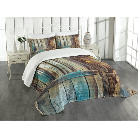 Ambesonne Rustic Quilted Bedspread Set 3 Pcs, Color Details Mansion, King Size, Brown