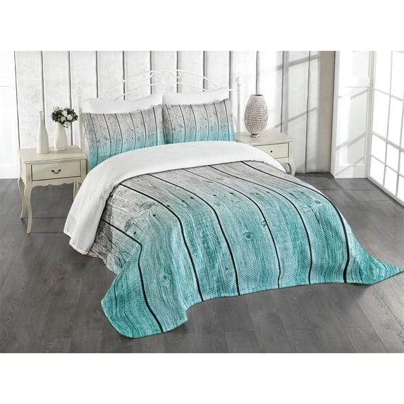 Ambesonne Rustic Quilted Bedspread Set 3 Pcs, Digital Wood Panels, Queen Size, Pale Blue Grey