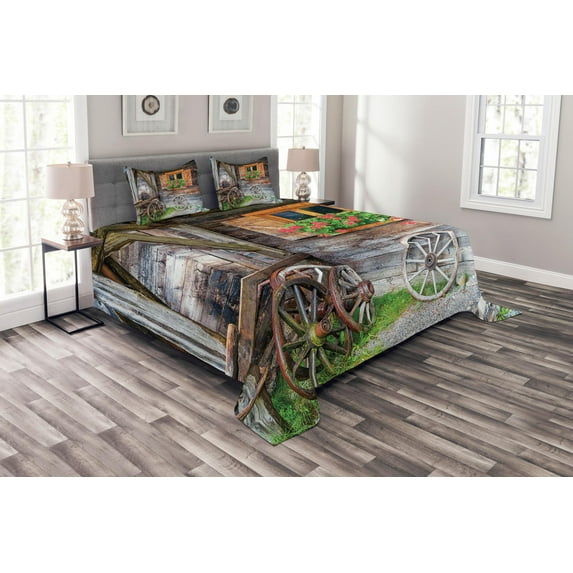 Ambesonne Rustic Quilted Bedspread Set 3 Pcs, Farmhouse Countryside, Queen Size, Brown Green Red