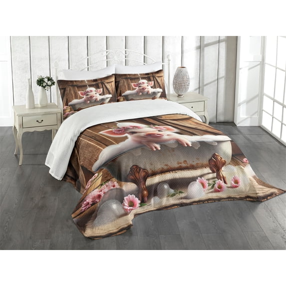 Ambesonne Rustic Quilted Bedspread Set 3 Pcs, Floral Pig Bubbly Barn Bath, Queen Size, Pink and Redwood