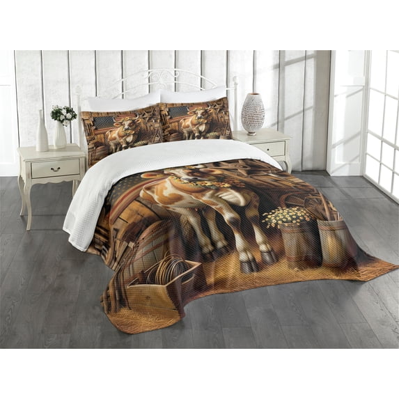 Ambesonne Rustic Quilted Bedspread Set 3 Pcs, Grunge Old Glory Barn Cow, Queen Size, Amber and Caramel