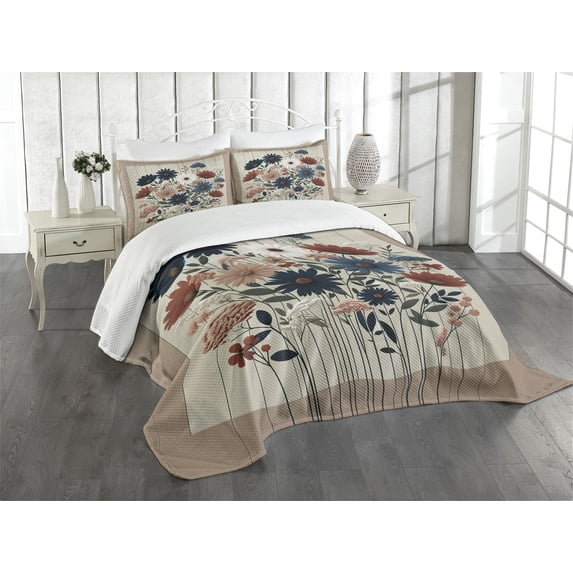 Ambesonne Rustic Quilted Bedspread Set 3 Pcs, Modern Botanical Wild Floral, King Size, Warm Taupe Dark Blue Ruby