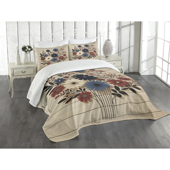 Ambesonne Rustic Quilted Bedspread Set 3 Pcs, Modern and Simple Bouquet, King Size, Night Blue Ruby and Champagne