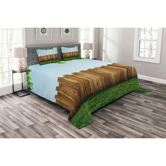Ambesonne Rustic Quilted Bedspread Set 3 Pcs, Nature Yard Field Plank, Queen Size, Green Brown