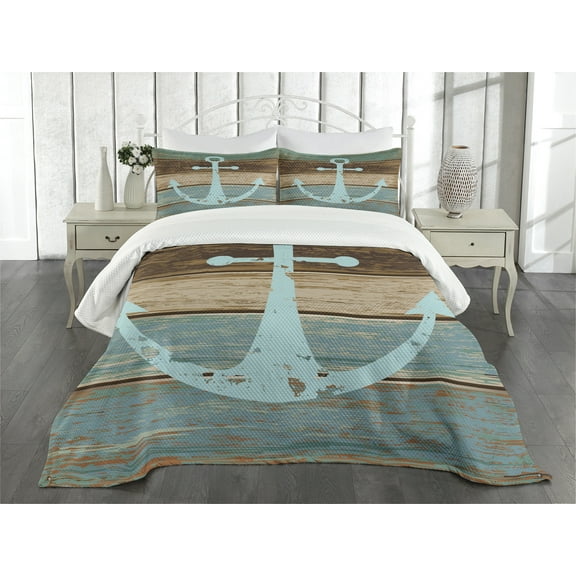 Ambesonne Rustic Quilted Bedspread Set 3 Pcs, Nautical Rustic, Queen Size, Pale Blue Brown Teal