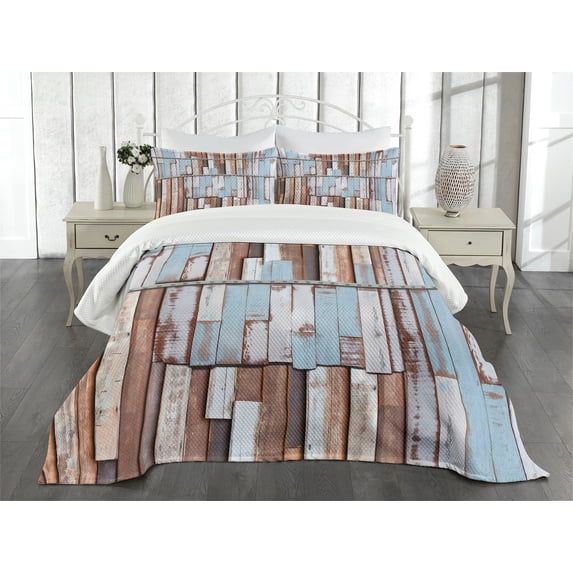 Ambesonne Rustic Quilted Bedspread Set 3 Pcs, Rusty Screw Wooden Style, Queen Size, Brown White and Blue