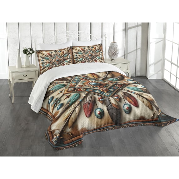 Ambesonne Rustic Quilted Bedspread Set 3 Pcs, Southwestern Square Feathers, Queen Size, Turquoise Cocoa and Redbrown