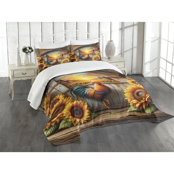 Ambesonne Rustic Quilted Bedspread Set 3 Pcs, Sunset Rooster Sunflowers, Queen Size, Earth Yellow and Caramel