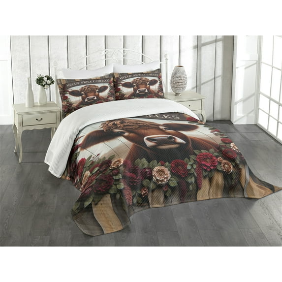 Ambesonne Rustic Quilted Bedspread Set 3 Pcs, Vintage Cottagecore Art Cow, Queen Size, Redbrown Maroon Taupe