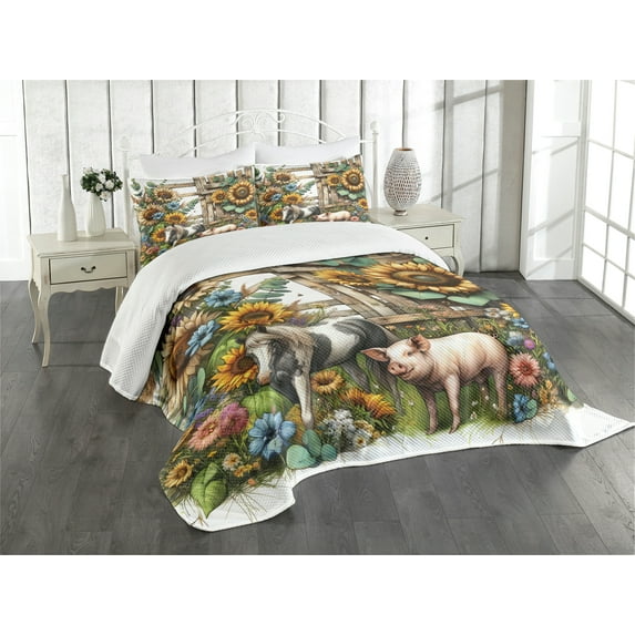Ambesonne Rustic Quilted Bedspread Set 3 Pcs, Vintage Farm Pig and Horse, Queen Size, Mustard Green Taupe