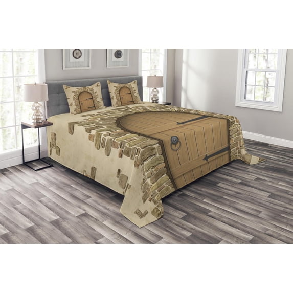 Ambesonne Rustic Quilted Bedspread Set 3 Pcs, Wine Cellar Architecture, King Size, Sand Brown Pale Brown