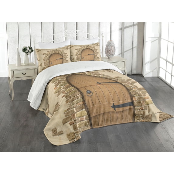 Ambesonne Rustic Quilted Bedspread Set 3 Pcs, Wine Cellar Architecture, Queen Size, Sand Brown Pale Brown