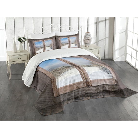 Ambesonne Rustic Quilted Bedspread Set 3 Pcs, Winter Season Scene, Queen Size, Umber White Blue