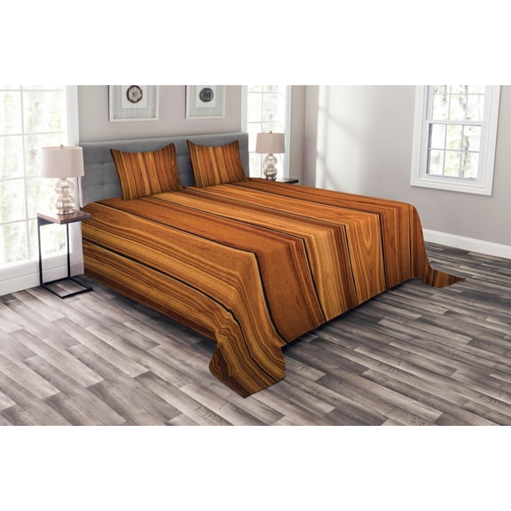 Ambesonne Rustic Quilted Bedspread Set 3 Pcs, Wooden Planks Image, Queen Size, Pale Caramel and Orange