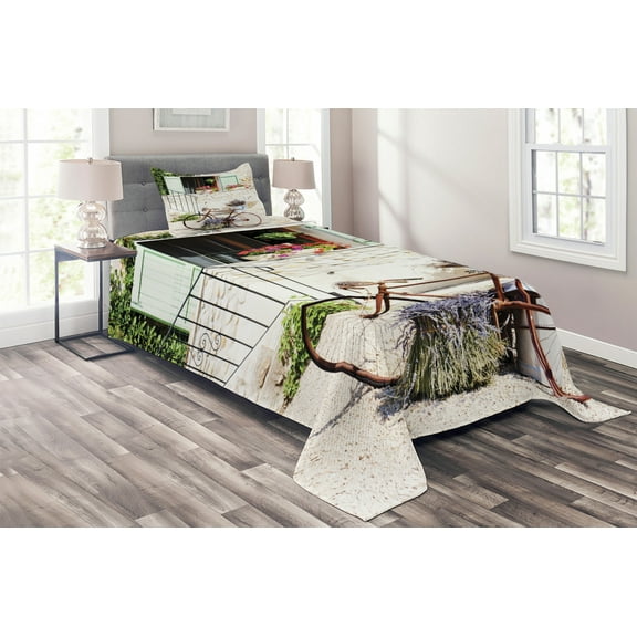 Ambesonne Rustic Quilted Coverlet 2 Pcs, Bike Flower Countryside, Twin Size, Multicolor