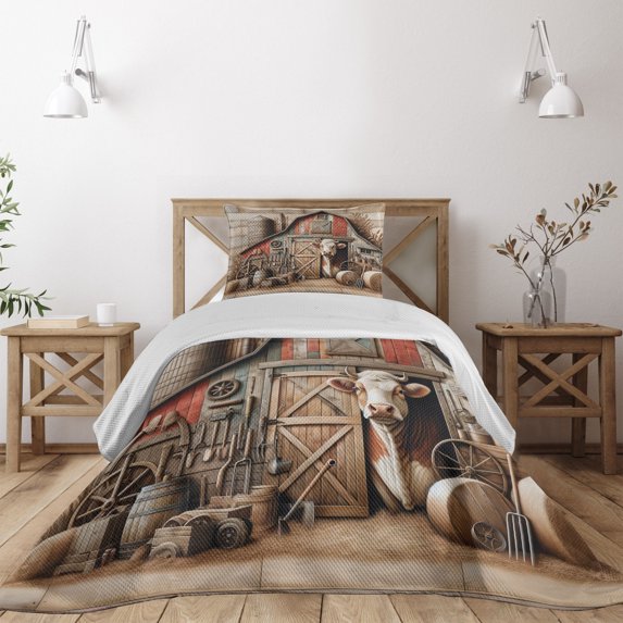 Ambesonne Rustic Quilted Coverlet 2 Pcs, Vintage Rural American Barn, Twin Size, Tan Dark Salmon