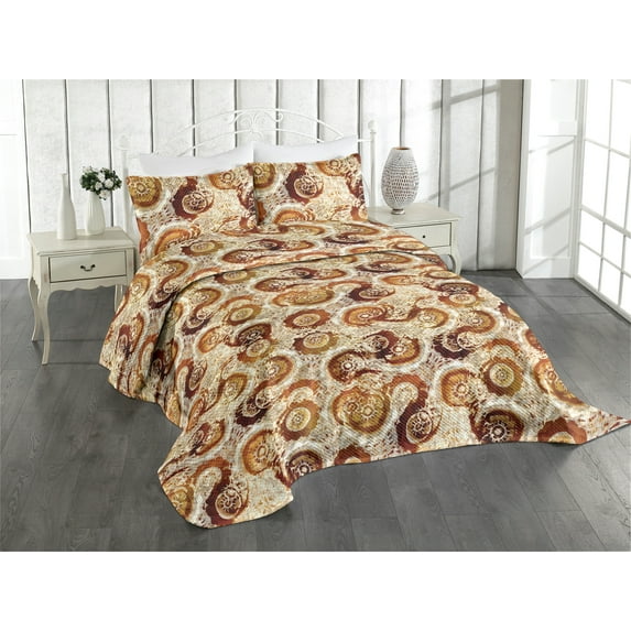 Ambesonne Rustic Quilted Coverlet 2 Pcs, Watercolor Circular Shapes, Twin Size, Dark Orange and Seal Brown