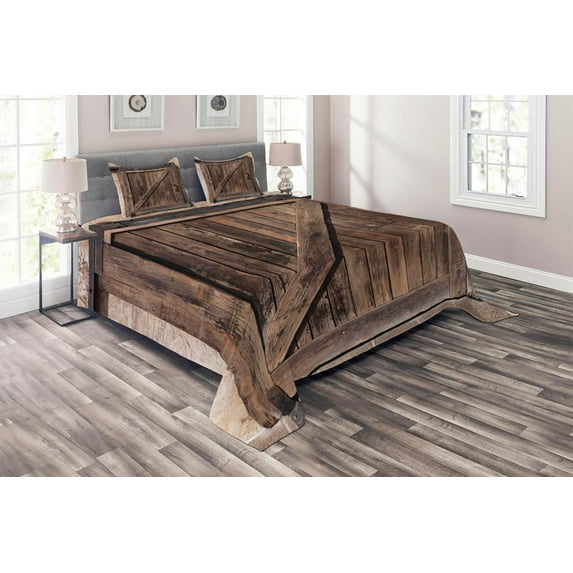 Ambesonne Rustic Quilted Coverlet 3 Pcs, Aged Door Vintage Rural, Queen Size, Brown