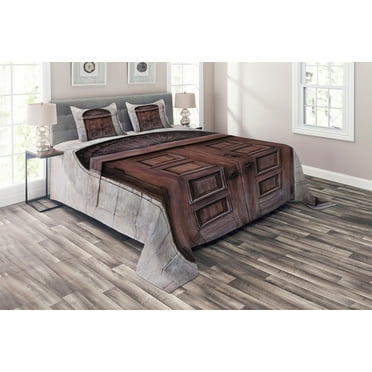 Ambesonne Rustic Quilted Coverlet 3 Pcs, Arched Venetian Door, Queen Size, Brown Cream