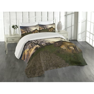 Ambesonne Rustic Quilted Coverlet 3 Pcs, Battered Stone House, Queen Size, Multicolor
