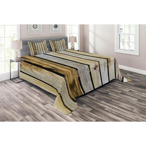 Ambesonne Rustic Quilted Coverlet 3 Pcs, Country Timber Fence, King Size, Brown