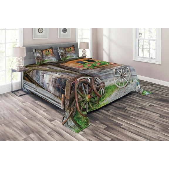 Ambesonne Rustic Quilted Coverlet 3 Pcs, Farmhouse Countryside, Queen Size, Brown Green Red