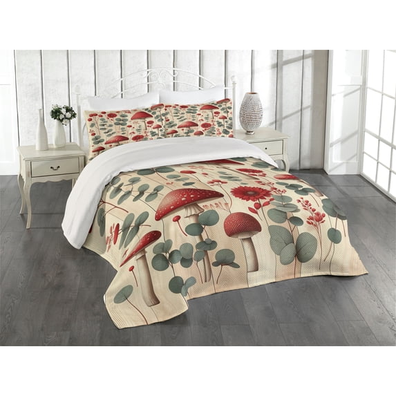 Ambesonne Rustic Quilted Coverlet 3 Pcs, Floral Woodland Mushrooms, King Size, Champagne Dark Coral