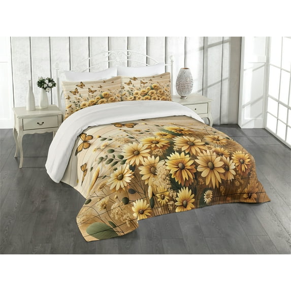Ambesonne Rustic Quilted Coverlet 3 Pcs, Meadow Bloom Butterflies, King Size, Pale Orange Tan Green