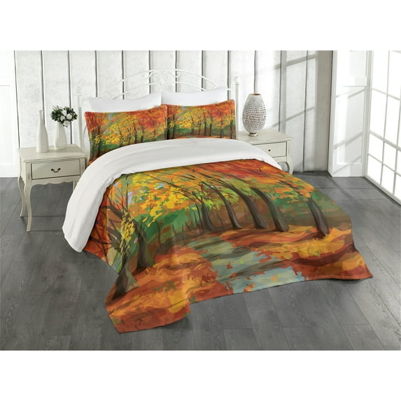 Ambesonne Rustic Quilted Coverlet 3 Pcs, North Woods with Leaves, King Size, Multicolor