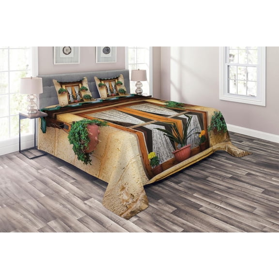 Ambesonne Rustic Quilted Coverlet 3 Pcs, Old Window and Flowers, Queen Size, Beige Green