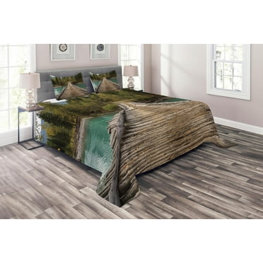 Ambesonne Rustic Quilted Coverlet 3 Pcs, River Pine Tree Forest, King Size, Brown Green