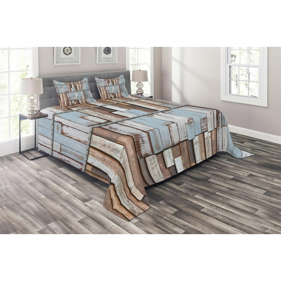 Ambesonne Rustic Quilted Coverlet 3 Pcs, Rusty Screw Wooden Style, King Size, Brown White and Blue