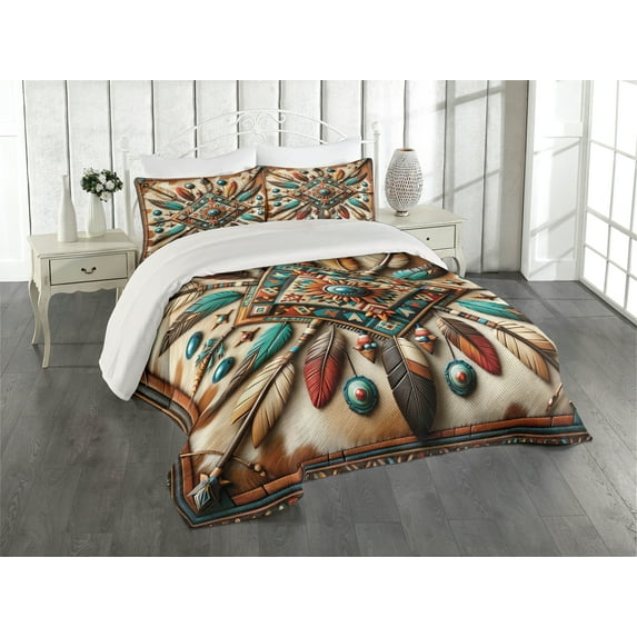 Ambesonne Rustic Quilted Coverlet 3 Pcs, Southwestern Square Feathers, Queen Size, Turquoise Cocoa and Redbrown