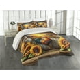 thumbnail image 1 of Ambesonne Rustic Quilted Coverlet 3 Pcs, Sunset Rooster Sunflowers, Queen Size, Earth Yellow and Caramel, 1 of 4