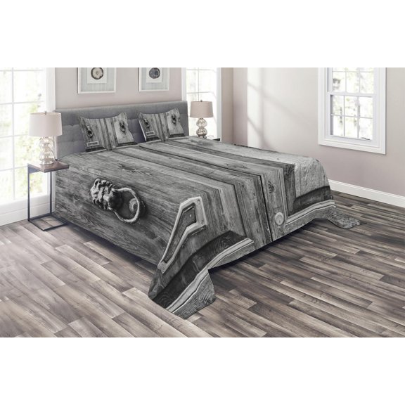 Ambesonne Rustic Quilted Coverlet 3 Pcs, Tuscany House Florance, Queen Size, Grey