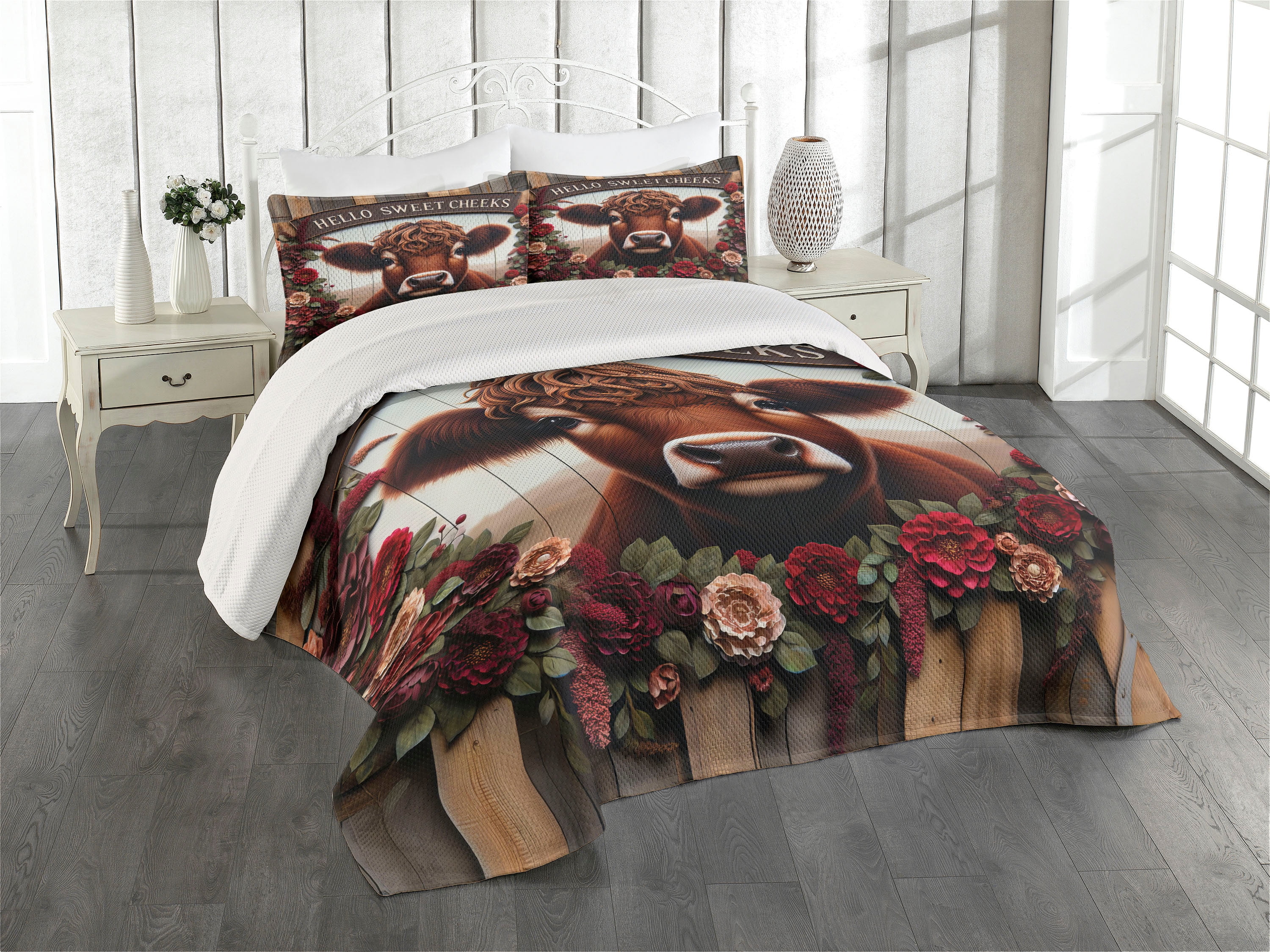 King Size Rustic Cow Print Quilted Bedspread Set